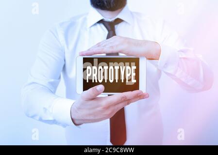 Writing note showing Prototype. Business concept for first and usually functional form of a new type or design Model displaying black screen modern sm Stock Photo