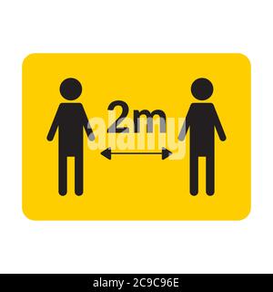 Social distancing yellow sign 2 m. Two people stay on 2 meters distance. Isolated vector illustration Stock Vector