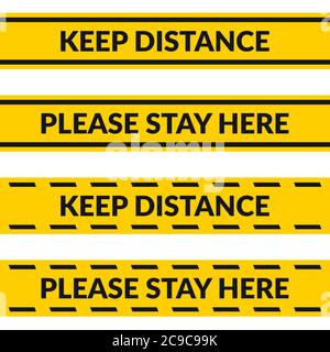 Keep distance yellow floor stripe. Please stay here line. Vector isolated illustration Stock Vector