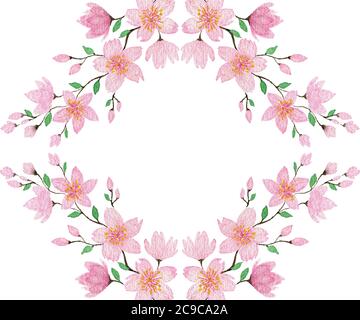 springtime cherry blossom wreath, watercolor sakura blossom frame design for greetings, cards, mothers day, easter holidays design Stock Photo
