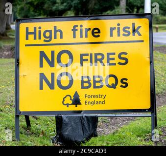 Sign warning about High fire risk and stating No Fires No BBQ's issued by Forestry England, New Forest, Hampshire, England, UK Stock Photo