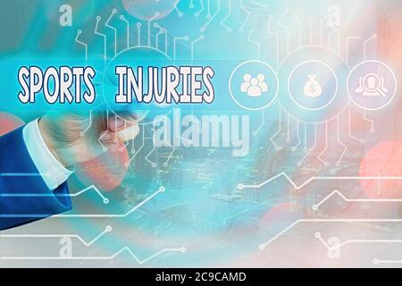 Conceptual hand writing showing Sports Injuries. Concept meaning injuries that occur when engaging in sports or exercise System administrator control, Stock Photo