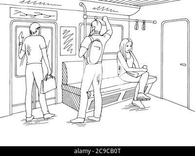 Train interior people graphic metro subway black white sketch illustration vector Stock Vector