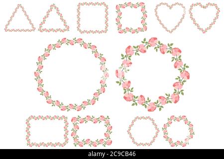 Classic wreath with pink rose and green leaves. Holiday floral frame, border. Vector botanical collection. Stock Vector