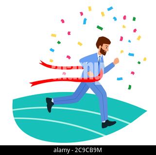 Happy businesswoman crossing the finish line. The concept of business victory. Business competition, a race for success. vector illustration in modern flat style. Stock Vector