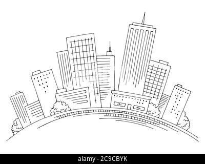 City on the hill graphic black white cityscape skyline sketch illustration vector Stock Vector