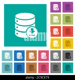 Backup database multi colored flat icons on plain square backgrounds. Included white and darker icon variations for hover or active effects. Stock Vector