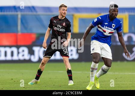 Alexis Saelemaekers (Milan) during Sampdoria vs Milan, italian Serie A soccer match, Genova, Italy, 29 Jul 2020 Stock Photo