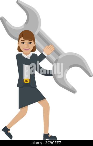 Business Woman Holding Spanner Wrench Mascot Stock Vector