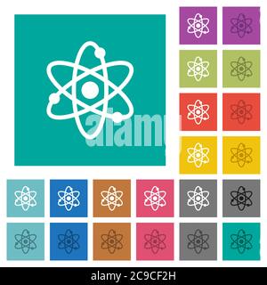 Atom symbol multi colored flat icons on plain square backgrounds. Included white and darker icon variations for hover or active effects. Stock Vector