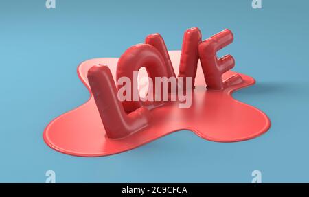 A sylised concept of red balloon letters spelling love melting into a puddle of liquid on a blue background - 3D render Stock Photo