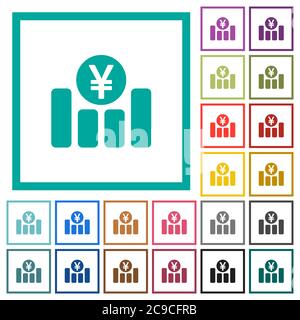 Yen financial graph flat color icons with quadrant frames on white background Stock Vector