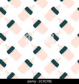 Pink baby bottle ,seamless pattern on white background. Stock Vector