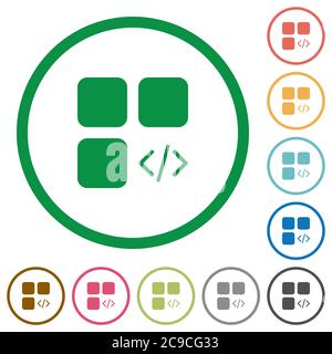 Component programming flat color icons in round outlines on white background Stock Vector