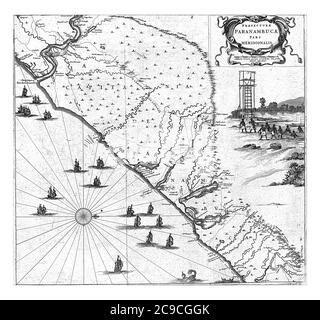 Map of the coast of Pernambuco, at the top of the mouth of the Rio Sao Francisco. With scenes of local fishing and the construction of a tower, vintag Stock Photo