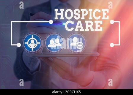 Text sign showing Hospice Care. Business photo showcasing focuses on the palliation of a terminally ill patient s is pain Information digital technolo Stock Photo