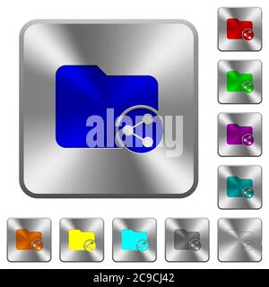Share directory engraved icons on rounded square glossy steel buttons Stock Vector