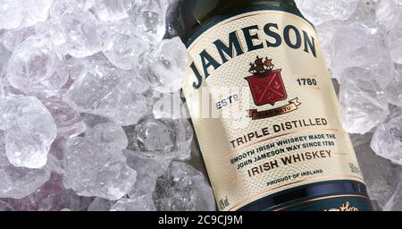 POZNAN, POL - JUN 18, 2020: Bottle of Jameson, the best selling Irish whiskey in the world with annual sales of 7.3 million cases in 2018 Stock Photo