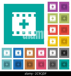 Add new movie multi colored flat icons on plain square backgrounds. Included white and darker icon variations for hover or active effects. Stock Vector