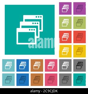 Cascade window view mode multi colored flat icons on plain square backgrounds. Included white and darker icon variations for hover or active effects. Stock Vector
