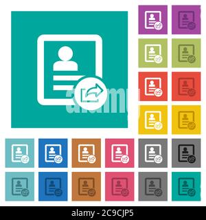 Export contact multi colored flat icons on plain square backgrounds. Included white and darker icon variations for hover or active effects. Stock Vector