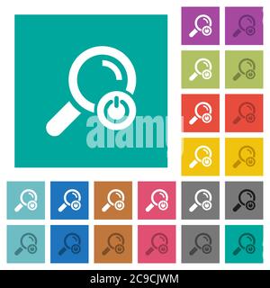 Exit from search multi colored flat icons on plain square backgrounds. Included white and darker icon variations for hover or active effects. Stock Vector