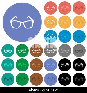 Eyeglasses multi colored flat icons on round backgrounds. Included white, light and dark icon variations for hover and active status effects, and bonu Stock Vector