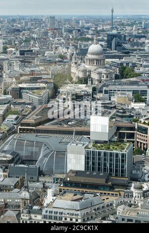 Aerial shot of London with the London Mithraeum, St. Paul's Cathedral, and BT Tower, etc. Stock Photo