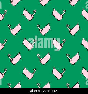 Pink bathtub ,seamless pattern on green background. Stock Vector