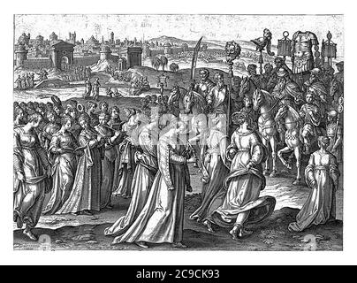 After David's victory over Goliath and the Philistines, King Saul and David were received by the women of Israel singing, vintage engraving. Stock Photo