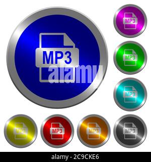 MP3 file format icons on round luminous coin-like color steel buttons Stock Vector
