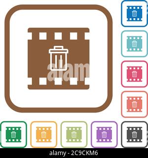 Delete movie simple icons in color rounded square frames on white background Stock Vector