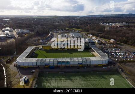 Aerial view of the The Tony Macaroni Arena, home of Livingston football club, Livingston, West Lothian, Scotland. Stock Photo