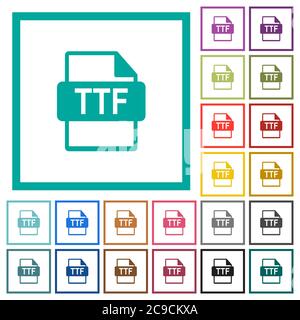TTF file format flat color icons with quadrant frames on white background Stock Vector