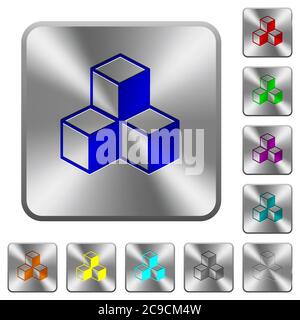 Cubes engraved icons on rounded square glossy steel buttons Stock Vector