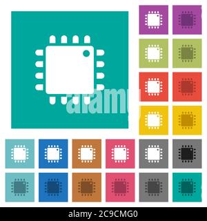 Computer processor multi colored flat icons on plain square backgrounds. Included white and darker icon variations for hover or active effects. Stock Vector