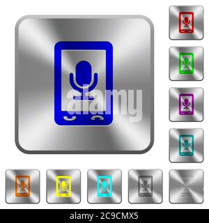 Mobile recording engraved icons on rounded square glossy steel buttons Stock Vector