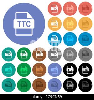 TTC file format multi colored flat icons on round backgrounds. Included white, light and dark icon variations for hover and active status effects, and Stock Vector