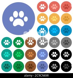 Paw prints multi colored flat icons on round backgrounds. Included white, light and dark icon variations for hover and active status effects, and bonu Stock Vector