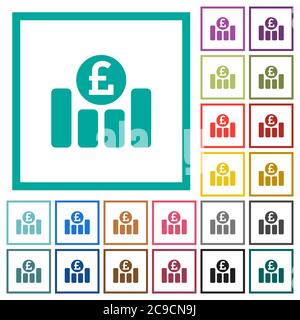 Pound financial graph flat color icons with quadrant frames on white background Stock Vector