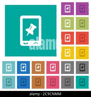 Mobile pin data multi colored flat icons on plain square backgrounds. Included white and darker icon variations for hover or active effects. Stock Vector