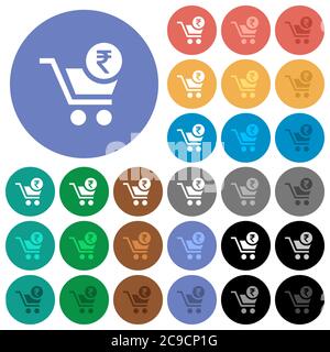 Checkout with Rupee cart multi colored flat icons on round backgrounds. Included white, light and dark icon variations for hover and active status eff Stock Vector