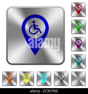 Disability accessibility GPS map location engraved icons on rounded square glossy steel buttons Stock Vector