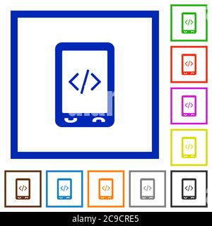 Mobile scripting flat color icons in square frames on white background Stock Vector