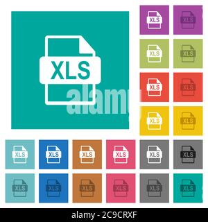 XLS file format multi colored flat icons on plain square backgrounds. Included white and darker icon variations for hover or active effects. Stock Vector