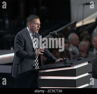 Cleveland, Ohio, USA, July 21,  2016Peter Thiel co-founder of PayPal Inc. addresses the Republican National Nominating Convention (RNC) on the final day of the convention from the podium of the Quicken Loans Arena, Credit: Mark Reinstein/MediaPunch Stock Photo