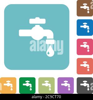 Water faucet with water drop white flat icons on color rounded square backgrounds Stock Vector