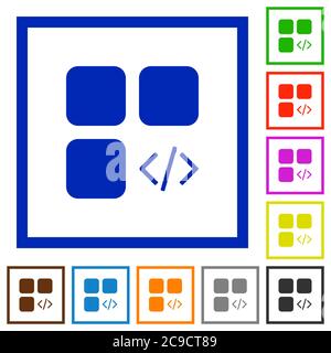 Component programming flat color icons in square frames on white background Stock Vector