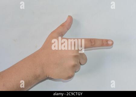 Sign Of This Or That. Emoji Style Hands Picture on White Background. Stock Photo