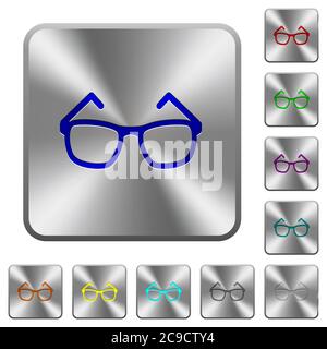 Eyeglasses engraved icons on rounded square glossy steel buttons Stock Vector